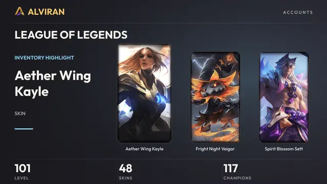 LEAGUE OF LEGENDS · Level 101 · Aether Wing Kayle, Fright Night Veigar, Spirit Blossom Sett