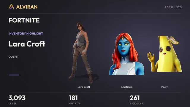 FORTNITE · Level 3093 · Lara Croft, Mystique, Peely