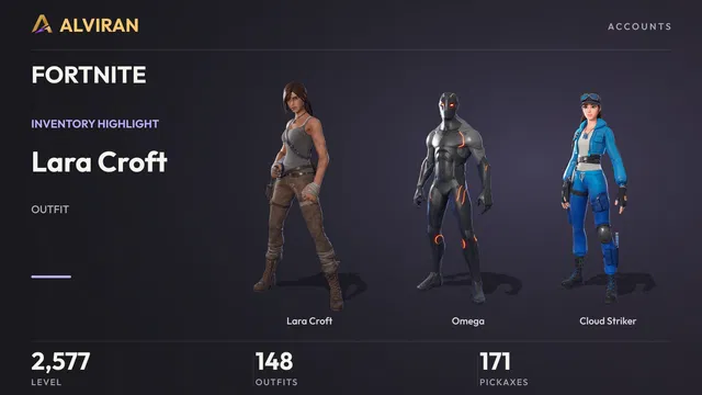 FORTNITE · Level 2577 · Lara Croft, Omega, Cloud Striker