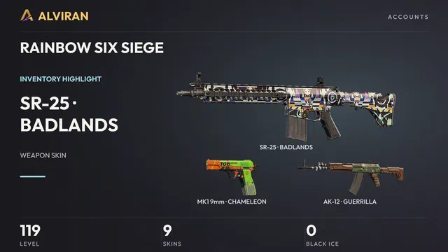RAINBOW SIX SIEGE · Level 119 · BADLANDS · SR-25, CHAMELEON · MK1 9mm, GUERRILLA · AK-12