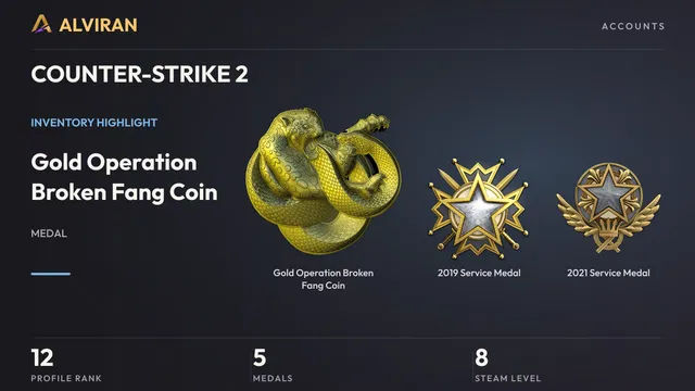 COUNTER-STRIKE 2 · Level 12 · Gold Operation Broken Fang Coin, 2019 Service Medal, 2021 Service Medal