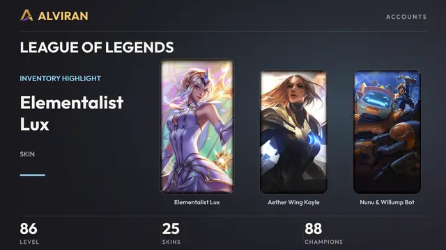 LEAGUE OF LEGENDS · Level 86 · Elementalist Lux, Aether Wing Kayle, Nunu & Willump Bot