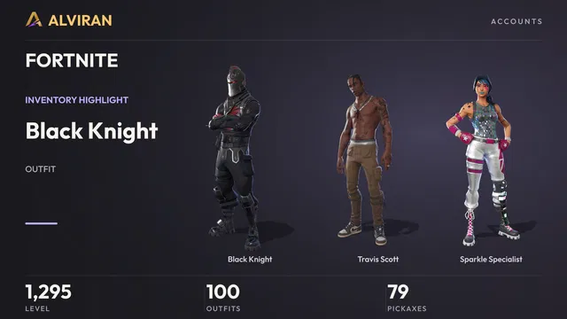 FORTNITE · Level 1295 · Black Knight, Travis Scott, Sparkle Specialist
