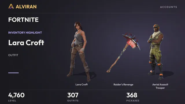 FORTNITE · Level 4760 · Lara Croft, Raider's Revenge, Aerial Assault Trooper