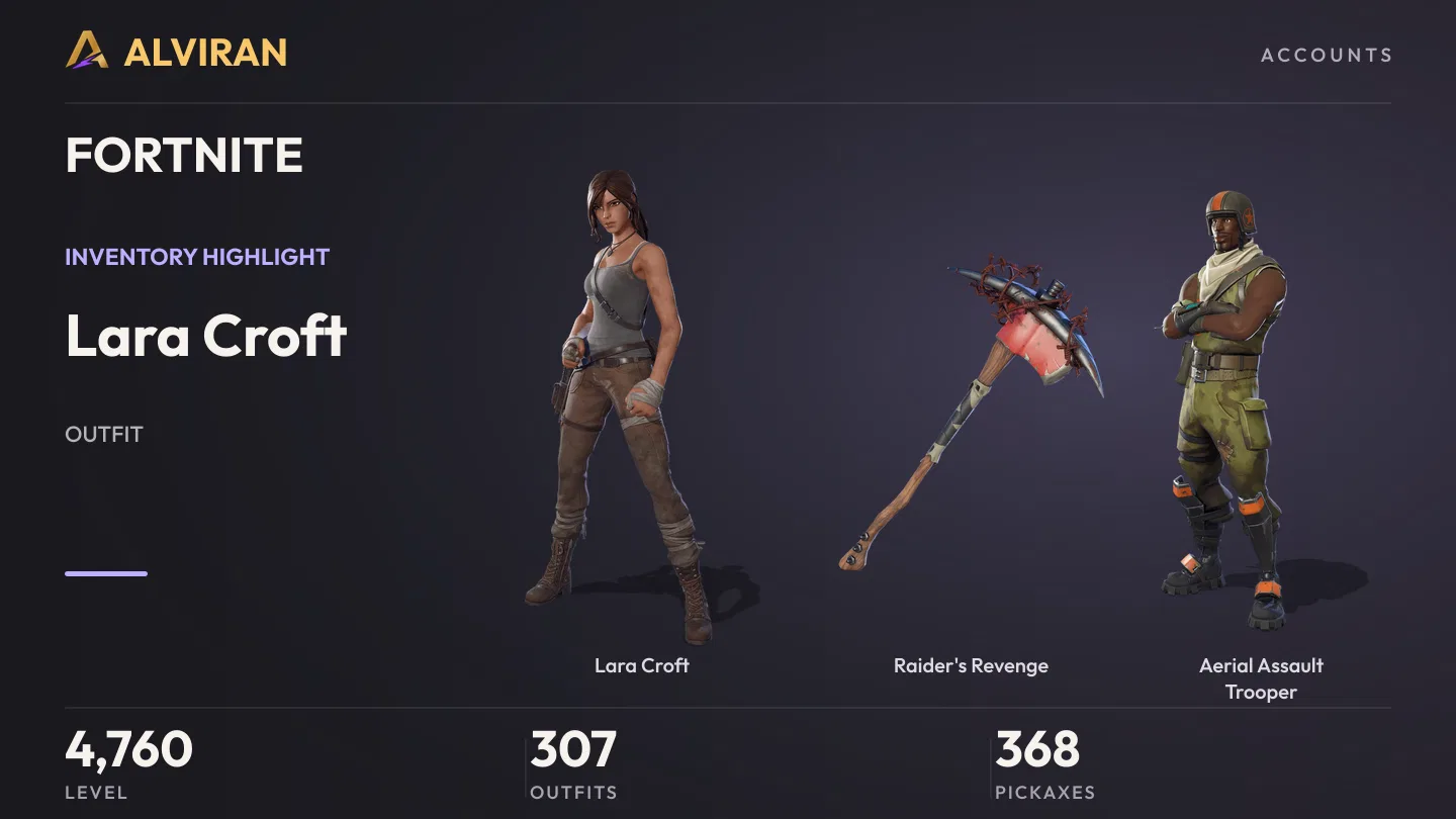 FORTNITE · Level 4760 · Lara Croft, Raider's Revenge, Aerial Assault Trooper
