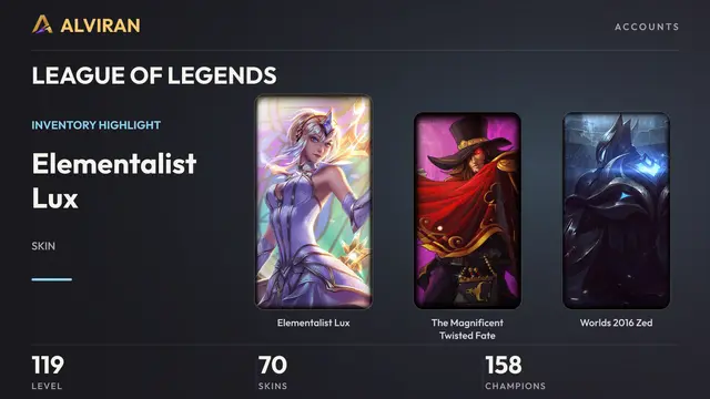 LEAGUE OF LEGENDS · Level 119 · Elementalist Lux, The Magnificent Twisted Fate, Worlds 2016 Zed