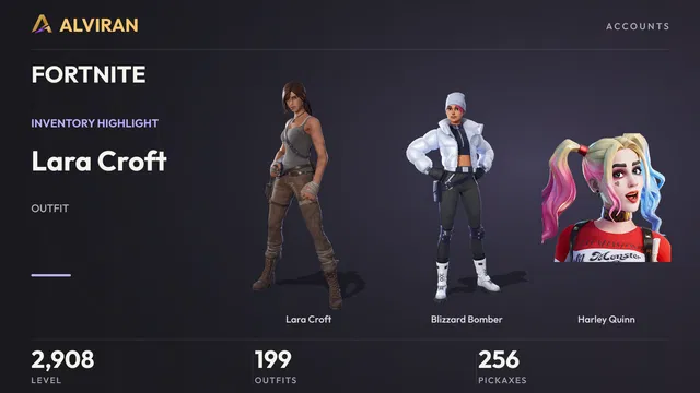 FORTNITE · Level 2908 · Lara Croft, Blizzard Bomber, Harley Quinn