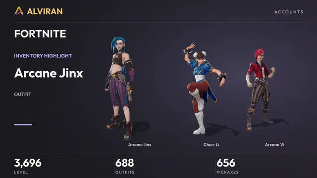 FORTNITE · Level 3696 · Arcane Jinx, Chun-Li, Arcane Vi