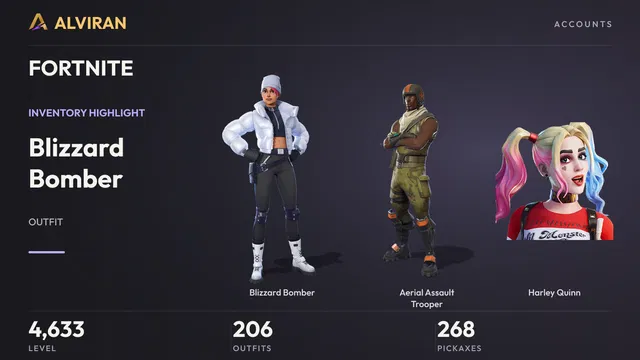FORTNITE · Level 4633 · Blizzard Bomber, Aerial Assault Trooper, Harley Quinn