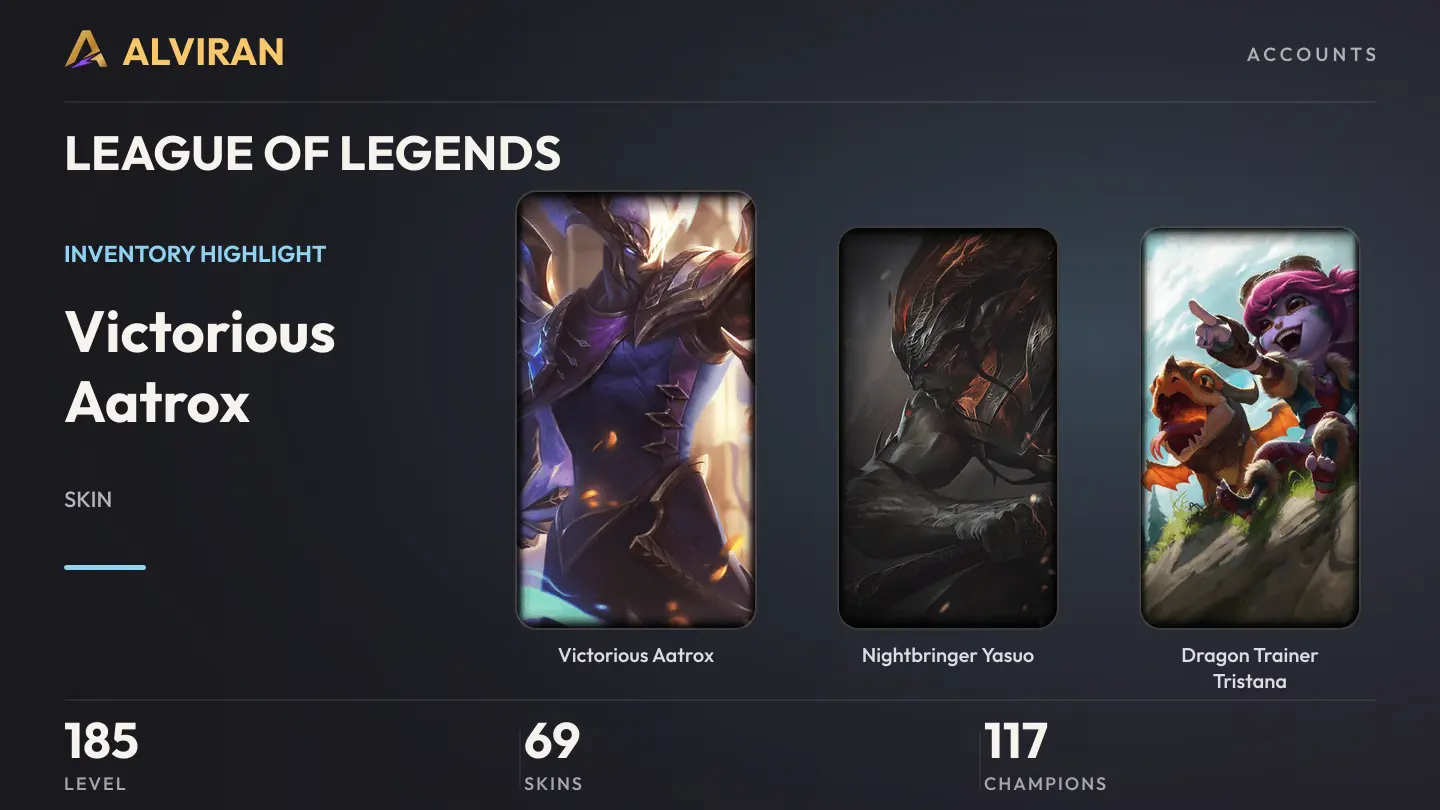 LEAGUE OF LEGENDS · Level 185 · Victorious Aatrox, Nightbringer Yasuo, Dragon Trainer Tristana