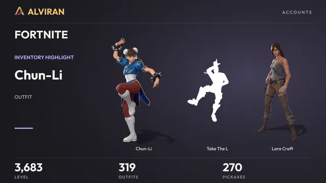 FORTNITE · Level 3683 · Chun-Li, Take The L, Lara Croft