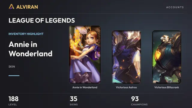 LEAGUE OF LEGENDS · Level 188 · Annie in Wonderland, Victorious Aatrox, Victorious Blitzcrank