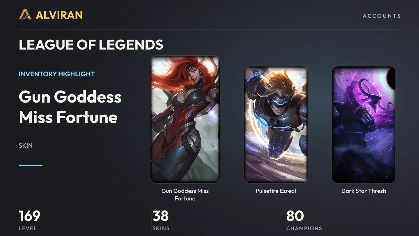 LEAGUE OF LEGENDS · Level 169 · Gun Goddess Miss Fortune, Pulsefire Ezreal, Dark Star Thresh