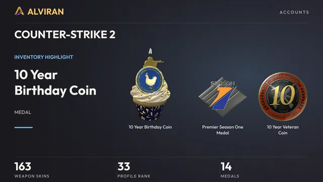 COUNTER-STRIKE 2 · Level 33 · 10 Year Birthday Coin, Premier Season One Medal, 10 Year Veteran Coin