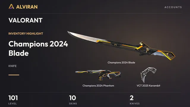 VALORANT · Level 101 · Champions 2024 Blade · Melee, Champions 2024 Phantom, VCT 2025 Karambit · Melee