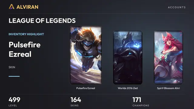 LEAGUE OF LEGENDS · Level 499 · Pulsefire Ezreal, Worlds 2016 Zed, Spirit Blossom Ahri
