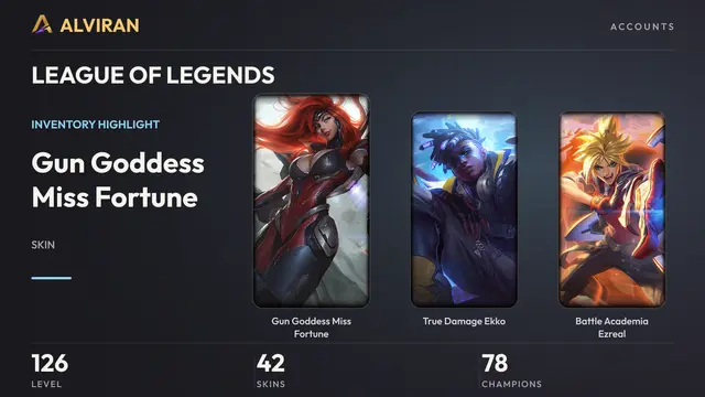 LEAGUE OF LEGENDS · Level 126 · Gun Goddess Miss Fortune, True Damage Ekko, Battle Academia Ezreal