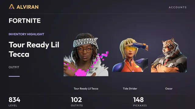 FORTNITE · Level 834 · Tour Ready Lil Tecca, Tide Strider, Oscar