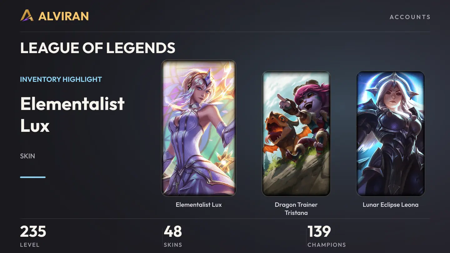 LEAGUE OF LEGENDS · Level 235 · Elementalist Lux, Dragon Trainer Tristana, Lunar Eclipse Leona