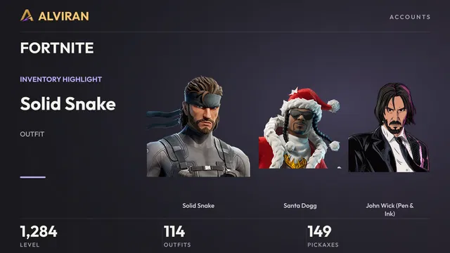 FORTNITE · Level 1284 · Solid Snake, Santa Dogg, John Wick (Pen & Ink)