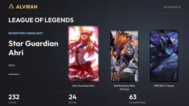 LEAGUE OF LEGENDS · Level 232 · Star Guardian Ahri, Battle Bunny Miss Fortune, PROJECT: Vayne