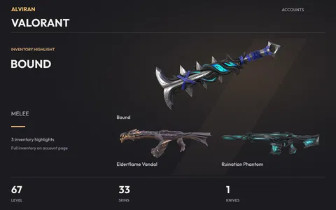 VALORANT · Level 67 · Bound · Melee, Elderflame Vandal, Ruination Phantom