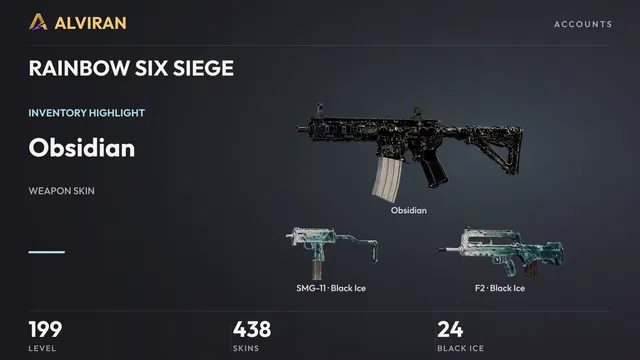 RAINBOW SIX SIEGE · Level 199 · Obsidian, Black Ice · SMG-11, Black Ice · F2