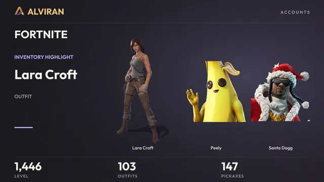 FORTNITE · Level 1446 · Lara Croft, Peely, Santa Dogg