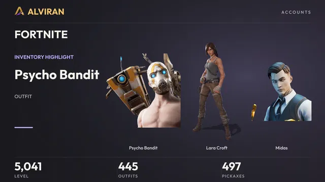 FORTNITE · Level 5041 · Psycho Bandit, Lara Croft, Midas