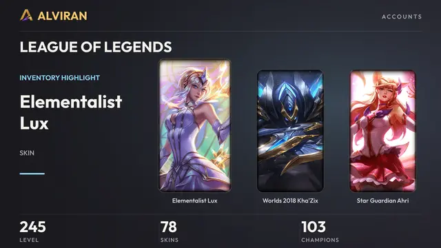LEAGUE OF LEGENDS · Level 245 · Elementalist Lux, Worlds 2018 Kha'Zix, Star Guardian Ahri