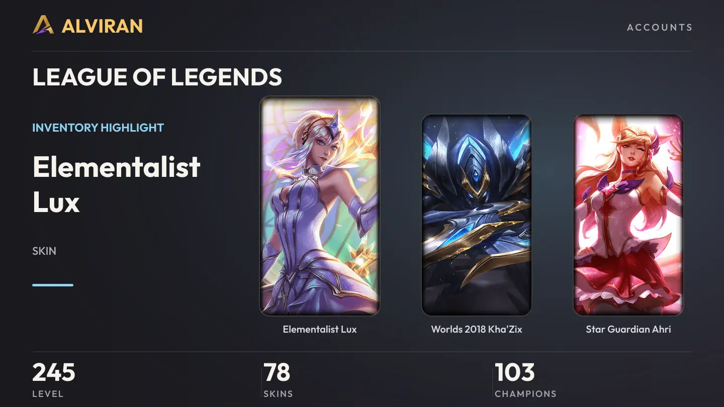 LEAGUE OF LEGENDS · Level 245 · Elementalist Lux, Worlds 2018 Kha'Zix, Star Guardian Ahri