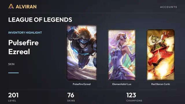 LEAGUE OF LEGENDS · Level 201 · Pulsefire Ezreal, Elementalist Lux, Red Baron Corki