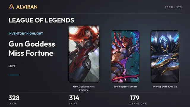 LEAGUE OF LEGENDS · Level 328 · Gun Goddess Miss Fortune, Soul Fighter Samira, Worlds 2018 Kha'Zix