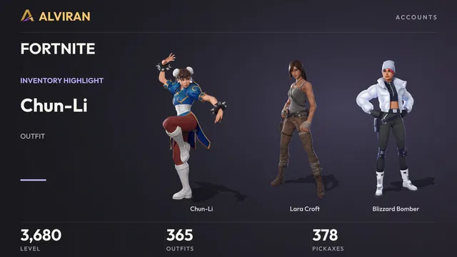 FORTNITE · Level 3680 · Chun-Li, Lara Croft, Blizzard Bomber