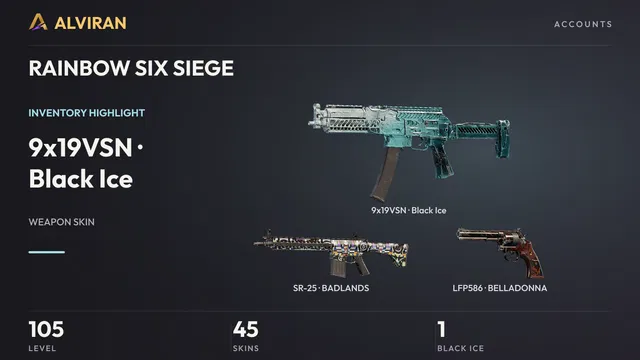 RAINBOW SIX SIEGE · Level 105 · Black Ice · 9x19VSN, BADLANDS · SR-25, BELLADONNA · LFP586