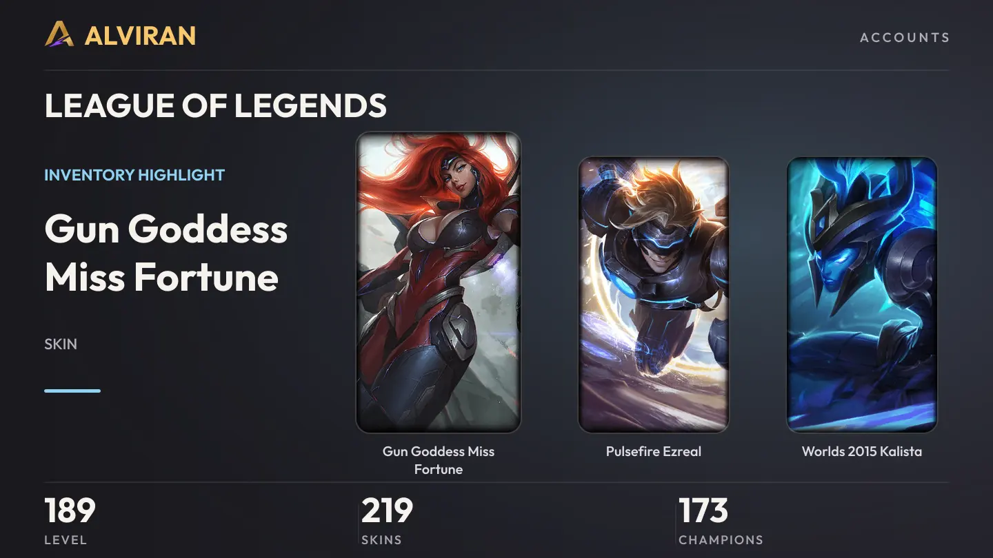 LEAGUE OF LEGENDS · Level 189 · Gun Goddess Miss Fortune, Pulsefire Ezreal, Worlds 2015 Kalista