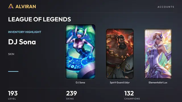LEAGUE OF LEGENDS · Level 193 · DJ Sona, Spirit Guard Udyr, Elementalist Lux