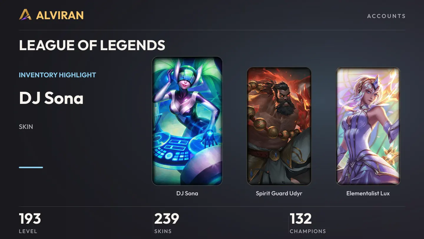 LEAGUE OF LEGENDS · Level 193 · DJ Sona, Spirit Guard Udyr, Elementalist Lux