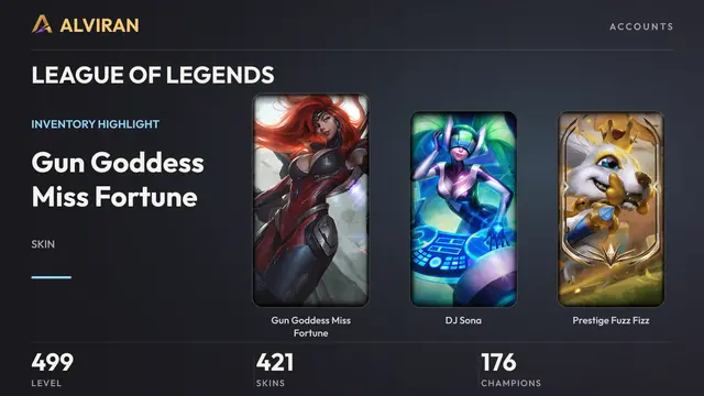 LEAGUE OF LEGENDS · Level 499 · Gun Goddess Miss Fortune, DJ Sona, Prestige Fuzz Fizz