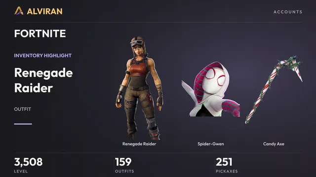 FORTNITE · Level 3508 · Renegade Raider, Spider-Gwen, Candy Axe