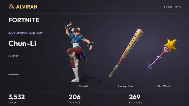 FORTNITE · Level 3532 · Chun-Li, Harley Hitter, Star Wand