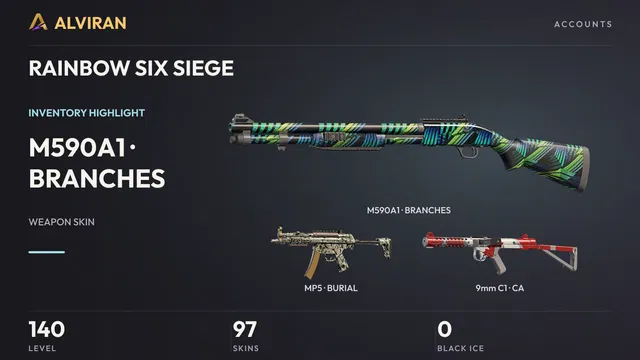 RAINBOW SIX SIEGE · Level 140 · BRANCHES · M590A1, BURIAL · MP5, CA · 9mm C1