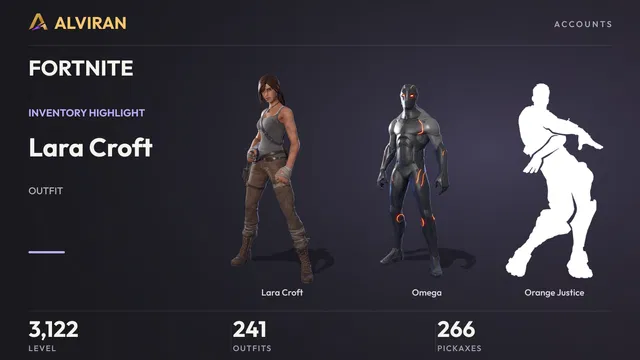 FORTNITE · Level 3122 · Lara Croft, Omega, Orange Justice