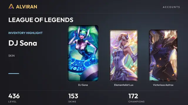 LEAGUE OF LEGENDS · Level 436 · DJ Sona, Elementalist Lux, Victorious Aatrox