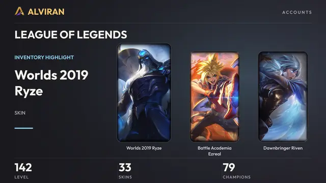 LEAGUE OF LEGENDS · Level 142 · Worlds 2019 Ryze, Battle Academia Ezreal, Dawnbringer Riven