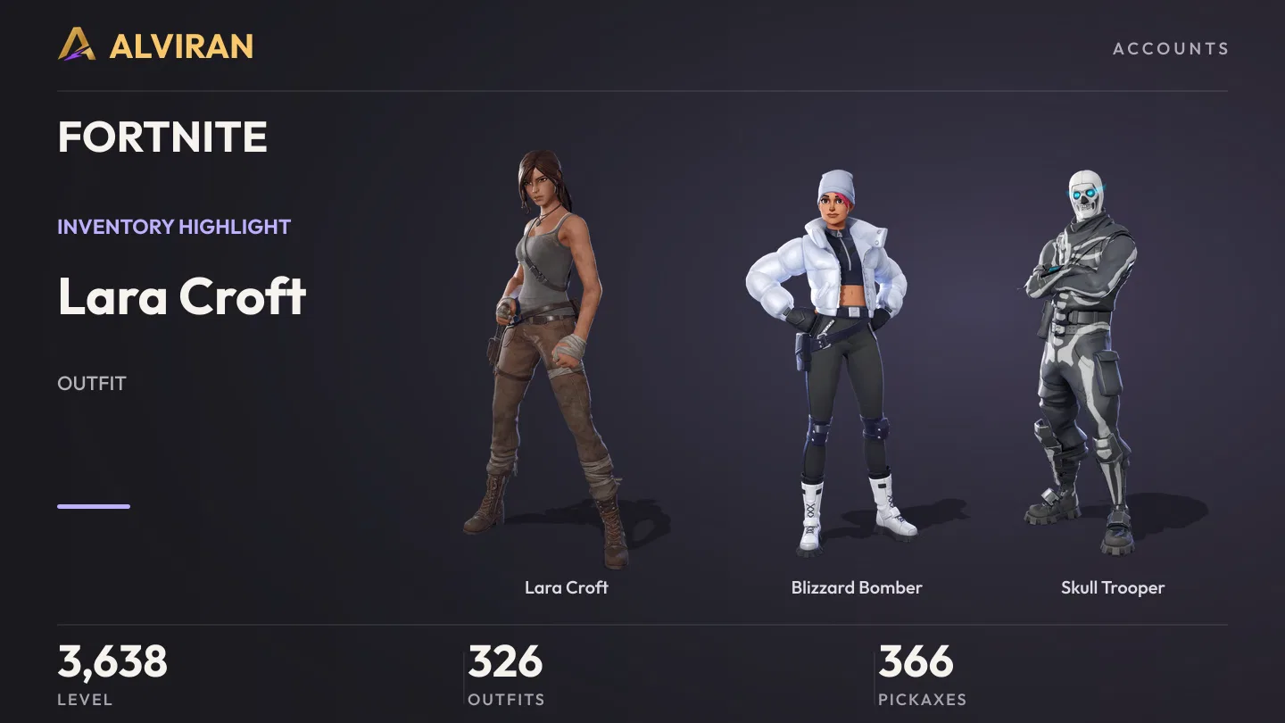 FORTNITE · Level 3638 · Lara Croft, Blizzard Bomber, Skull Trooper