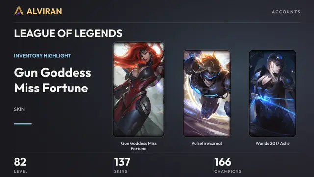 LEAGUE OF LEGENDS · Level 82 · Gun Goddess Miss Fortune, Pulsefire Ezreal, Worlds 2017 Ashe
