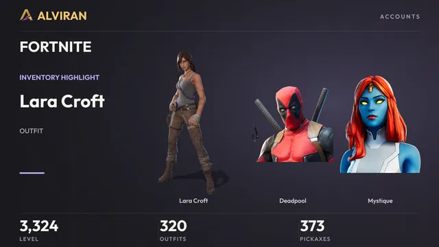 FORTNITE · Level 3324 · Lara Croft, Deadpool, Mystique