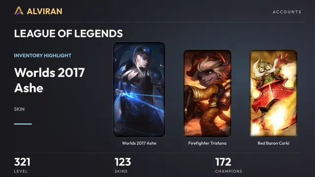 LEAGUE OF LEGENDS · Level 321 · Worlds 2017 Ashe, Firefighter Tristana, Red Baron Corki
