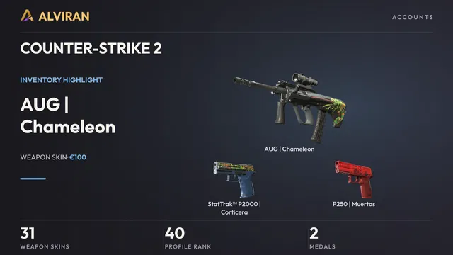 COUNTER-STRIKE 2 · Level 40 · AUG | Chameleon · Minimal Wear, StatTrak™ P2000 | Corticera · Field-Tested, P250 | Muertos · Minimal Wear